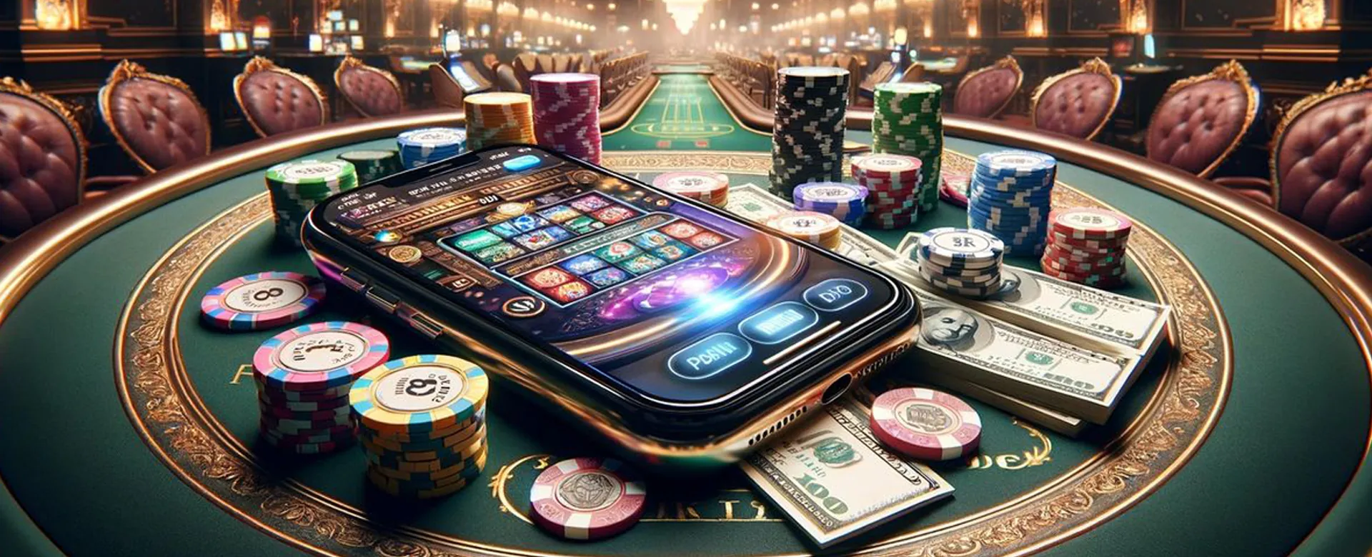 slotvip Poker table with chips and cards, reflecting a golden, luxurious gambling platform experience.